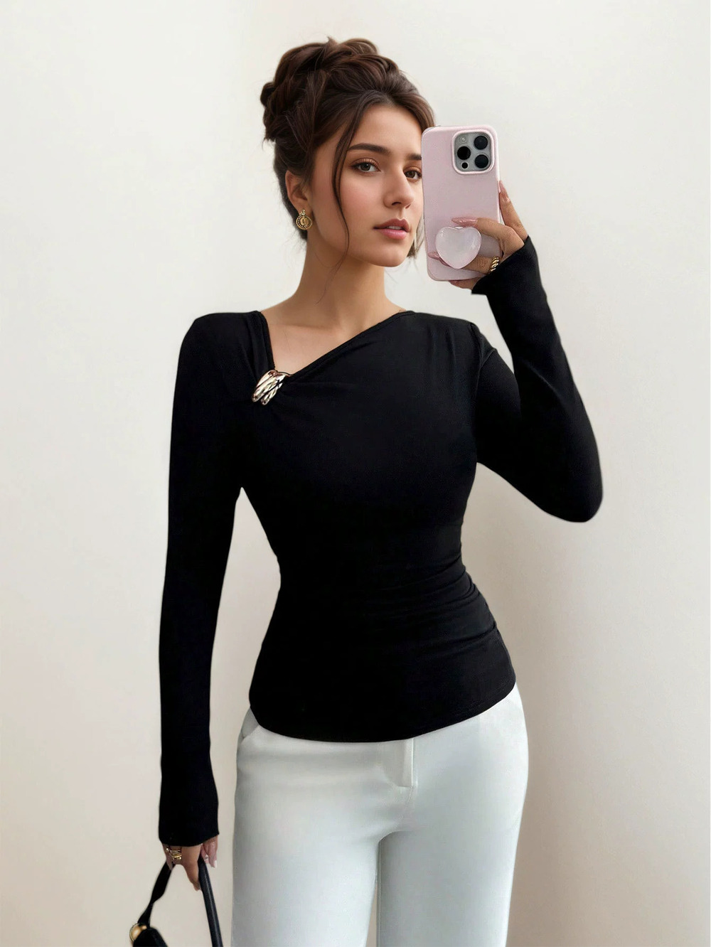 ZARA Asymmetric Pleated Long Sleeve Slim Fit Chic Layering Top Spring Fall